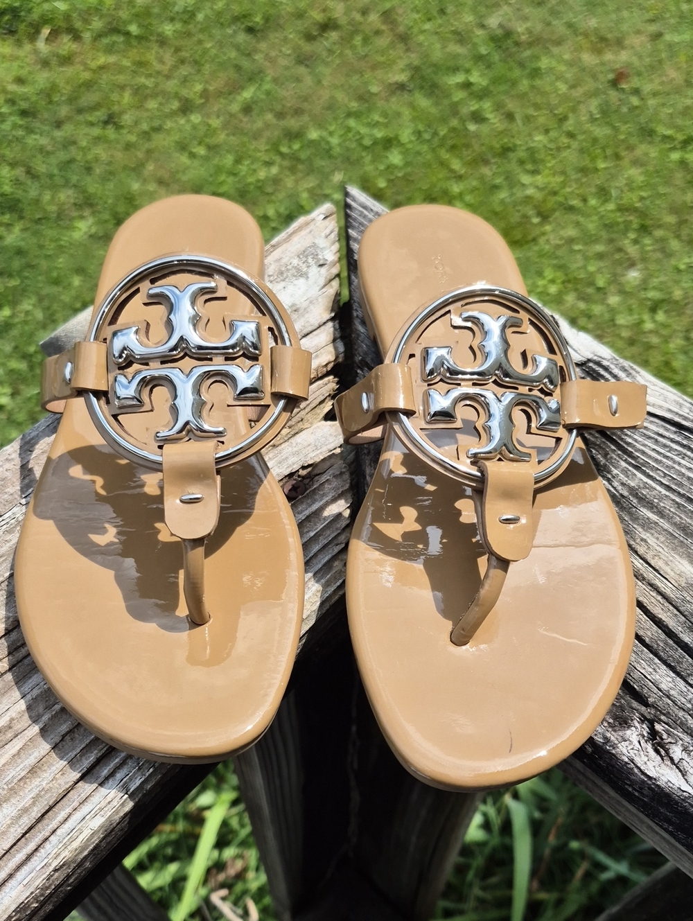 Tory Burch Miller Patent Leather Sandals, Nude Tan, Size 6.5, EUC